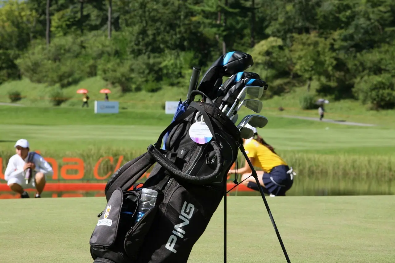 Golfbag med golfkøller på golfbane